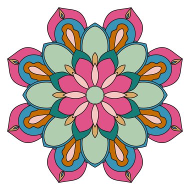 Tatlı Mandala. Süslü, yuvarlak karalama çiçeği beyaz arka planda izole edilmiş. Etnik doğu tarzında Geometrik dekoratif süs.