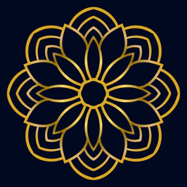 Güzel altın Mandala. Karanlık arka planda izole edilmiş süslü, yuvarlak karalama çiçeği. Etnik doğu tarzında Geometrik dekoratif süs.