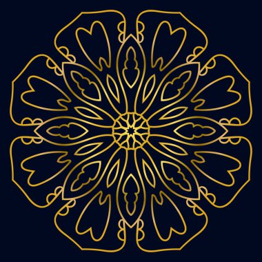 Güzel altın Mandala. Karanlık arka planda izole edilmiş süslü, yuvarlak karalama çiçeği. Etnik doğu tarzında Geometrik dekoratif süs.