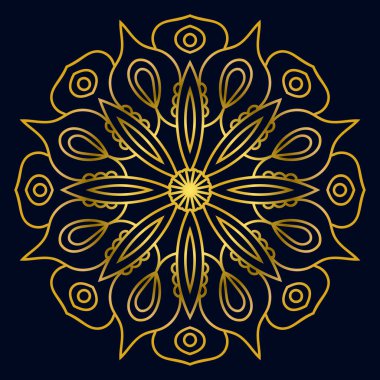 Güzel altın Mandala. Karanlık arka planda izole edilmiş süslü, yuvarlak karalama çiçeği. Etnik doğu tarzında Geometrik dekoratif süs.