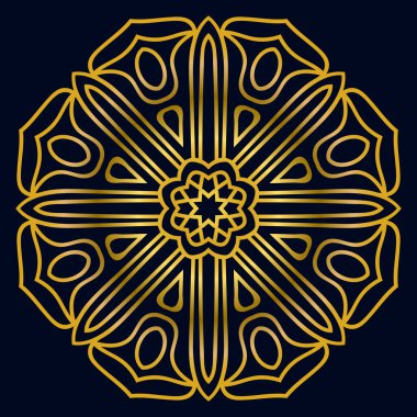 Güzel altın Mandala. Karanlık arka planda izole edilmiş süslü, yuvarlak karalama çiçeği. Etnik doğu tarzında Geometrik dekoratif süs.