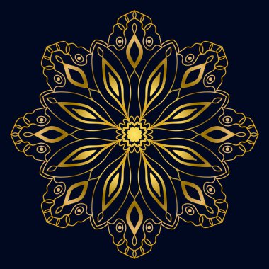 Güzel altın Mandala. Karanlık arka planda izole edilmiş süslü, yuvarlak karalama çiçeği. Etnik doğu tarzında Geometrik dekoratif süs.