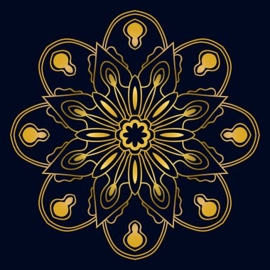 Güzel altın Mandala. Karanlık arka planda izole edilmiş süslü, yuvarlak karalama çiçeği. Etnik doğu tarzında Geometrik dekoratif süs.