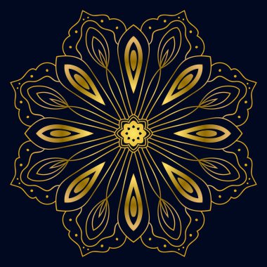 Güzel altın Mandala. Karanlık arka planda izole edilmiş süslü, yuvarlak karalama çiçeği. Etnik doğu tarzında Geometrik dekoratif süs.