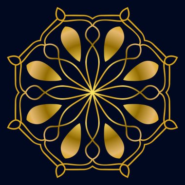 Güzel altın Mandala. Karanlık arka planda izole edilmiş süslü, yuvarlak karalama çiçeği. Etnik doğu tarzında Geometrik dekoratif süs.