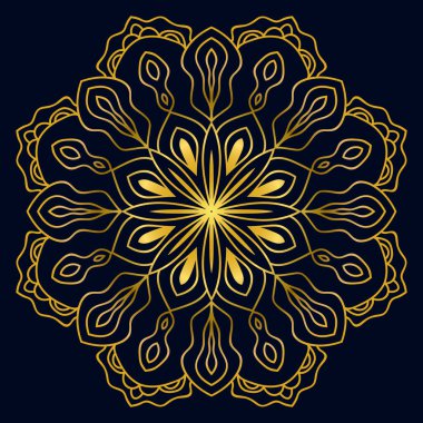 Güzel altın Mandala. Karanlık arka planda izole edilmiş süslü, yuvarlak karalama çiçeği. Etnik doğu tarzında Geometrik dekoratif süs.
