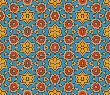 Soyut renkli karalama yıldızının dikişsiz şekli. Kar tanesi arka planı. Mozaik, ince çizgi süslemesi seramiği.