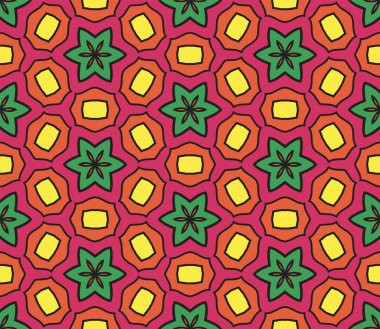 Soyut renkli karalama yıldızının dikişsiz şekli. Kar tanesi arka planı. Mozaik, ince çizgi süslemesi seramiği.