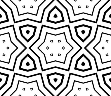 Soyut siyah-beyaz altıgen, üçgen dikişsiz desen. Coğrafi şekil arka planı. Mozaik, ince çizgi süslemesi seramiği.