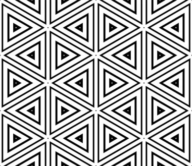Soyut siyah-beyaz altıgen, üçgen dikişsiz desen. Coğrafi şekil arka planı. Mozaik, ince çizgi süslemesi seramiği.