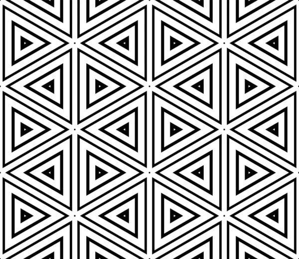 要旨黒と白のハーフトーン六角形 三角形のシームレスなパターン 地理形状の背景 モザイク 細い線飾りのタイル — ストックベクタ