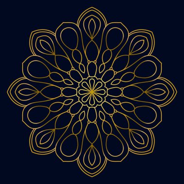 Güzel altın Mandala. Karanlık arka planda izole edilmiş süslü, yuvarlak karalama çiçeği. Etnik doğu tarzında Geometrik dekoratif süs.