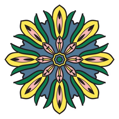 Tatlı Mandala. Süslü, yuvarlak karalama çiçeği beyaz arka planda izole edilmiş. Etnik doğu tarzında Geometrik dekoratif süs.