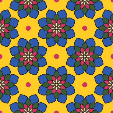 Mandala çiçeğiyle soyut, pürüzsüz desen. Mozaik, fayans, benek. Çiçek arka planı.