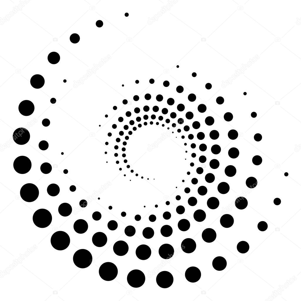 Dotted, dots, speckles abstract concentric circle. Spiral, swirl, twirl element. Circular and radial lines volute, helix. Segmented circle with rotation. Radiating arc lines. Cochlear, vortex