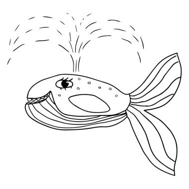 Çizgi film karalama doğrusal balinası beyaz arka planda izole edildi. Çocuksu bir deniz hayvanı..