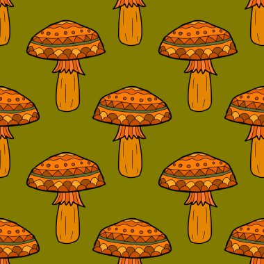 Çizgi film karalaması doğrusal mantar dikişsiz desen. Woodland, orman geçmişi. Vektör illüstrasyonu. 