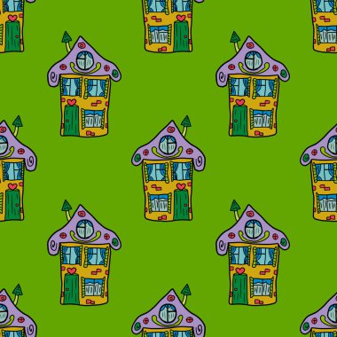 Güzel el çizimi, pürüzsüz bir ev. Kasaba geçmişi. Çocuk tarzında bir binanın çizimi.