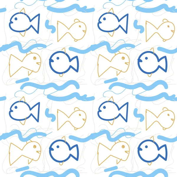 Cute Kolorowe Ryba Bazgroły Kreskówki Dziecięcym Stylu Bezszwowy Wzór Tropikalne — Wektor stockowy