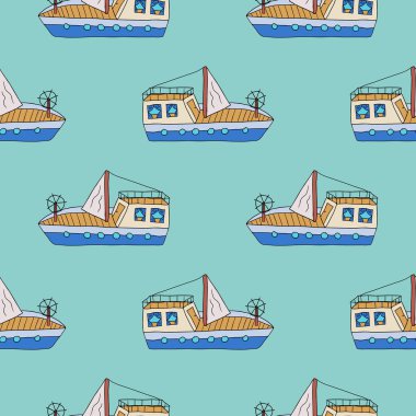 Güzel karikatür çizimi, kusursuz yat yelkeni deseni. Deniz yolculuğu geçmişi. Çocuksu bir gemi..