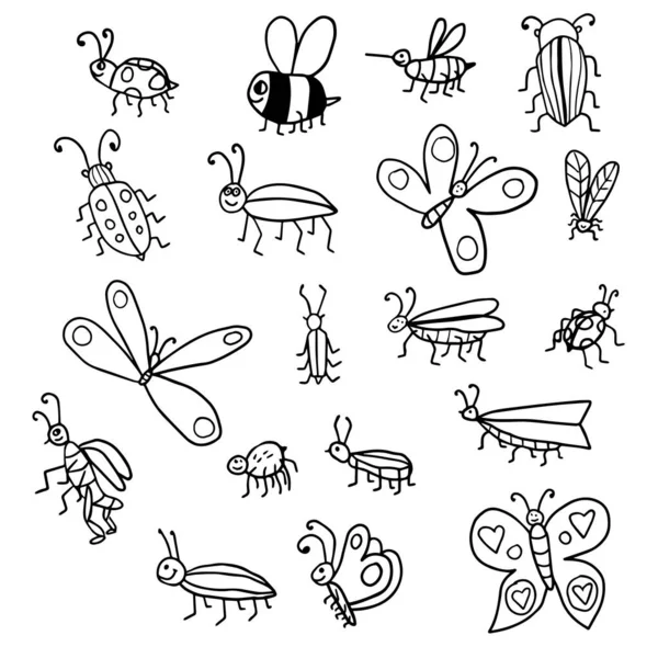 Mignon Dessin Animé Gribouille Linéaire Midge Mouche Insecte Papillon Abeille — Image vectorielle