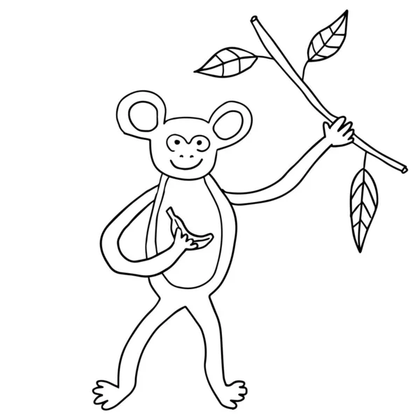 Macaco Doodle Feliz Bonito Com Banana Liana Isolado Fundo Branco — Vetor de Stock