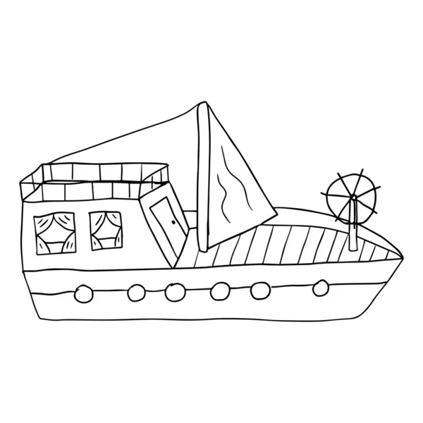 Leuke Cartoon Doodle Zeiljacht Geïsoleerd Witte Achtergrond Kinderlijk Schip — Stockvector