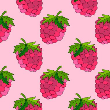 Sevimli çizgi film çizimi doğrusal ahududu deseni. Yaz meyvesi ve meyveli sonsuz arkaplan. 