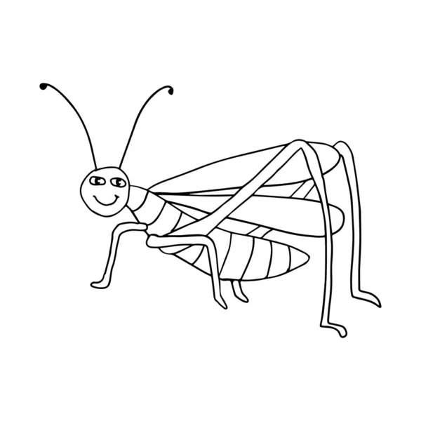 Carino Cartone Animato Doodle Felice Grasshopper Isolato Sfondo Bianco Insetto — Vettoriale Stock