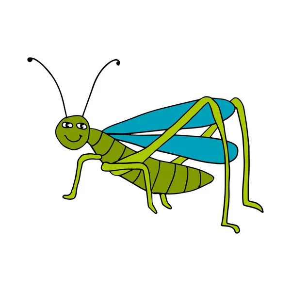 Leuke Cartoon Doodle Gelukkig Grasshopper Geïsoleerd Witte Achtergrond Zomerinsect Wild — Stockvector