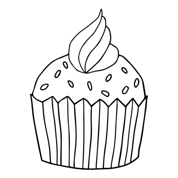 Jolie Icône Cupcake Dessinée Main Gâteau Contour Fin Noir Isolé — Image vectorielle