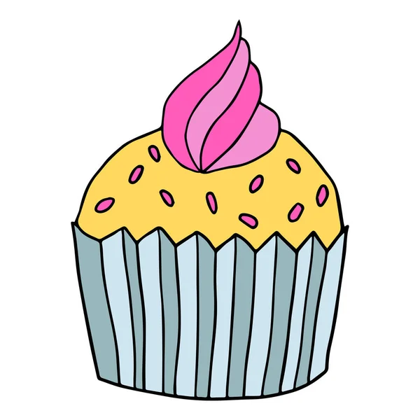 Jolie Icône Cupcake Dessinée Main Gâteau Contour Fin Noir Isolé — Image vectorielle