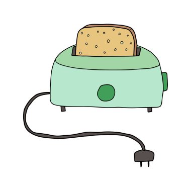 Tatlı retro doodle tost makinesi yerine bir parça ekmek. Mutfak konsepti, kahvaltı.