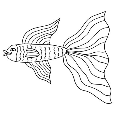 Mutlu ince çizgi çizgiler şirin karalama Japon Balığı. Elle çizilmiş neşeli tropikal akvaryum hayvanı. Beyaz arkaplanda simge izole edildi.  