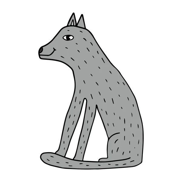 Desenhos Animados Doodle Lobo Linear Sentado Isolado Fundo Branco Bonito — Vetor de Stock