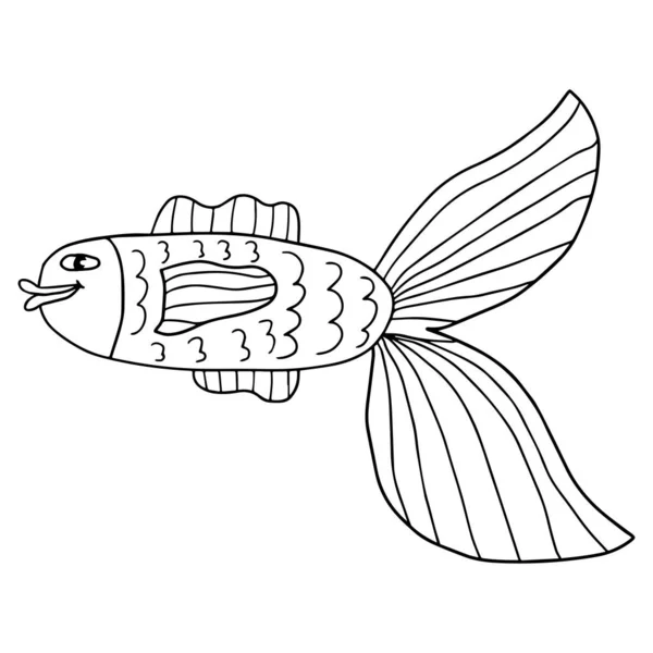 Happy Thin Line Lucu Kartun Doodle Ikan Tangan Digambar Ceria - Stok Vektor