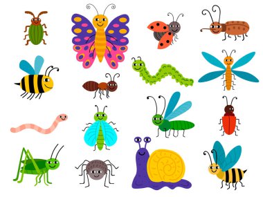 Çocuk tarzında dizilmiş farklı şirin böcekler. Böcekler, tırtıl, solucan, salyangoz, kelebek, arı, karınca, et. Yaz hayvanları koleksiyonu beyaz arka planda izole edildi.  