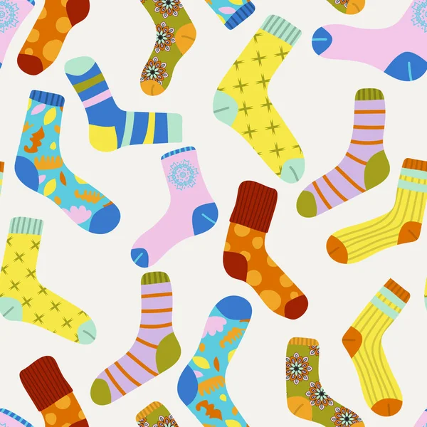 Niedliche Nahtlose Muster Von Verschiedenen Socken Mit Texturen Ornamenten Streifen — Stockvektor