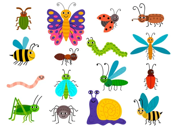 Cute Different Insects Set Childlike Flat Style Bugs Caterpillar Worm Stockillustratie