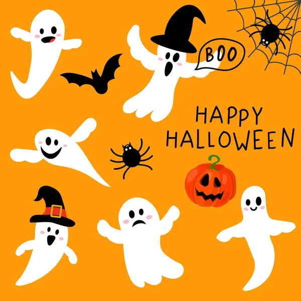 Leuke Vliegende Geest Platte Kinderlijke Stijl Happy Halloween Collectie Met Rechtenvrije Stockillustraties