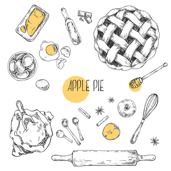 Illustrazione vettoriale disegnata a mano della ricetta della torta di mele — Vettoriale Stock