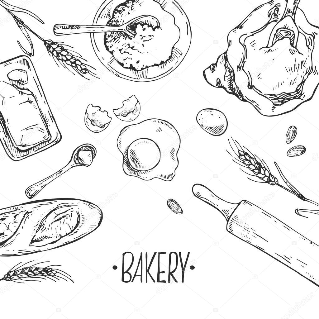 Hand drawn vector illustration of baking items and bakery. Pastry and bakery for fast food menu, cafe decor