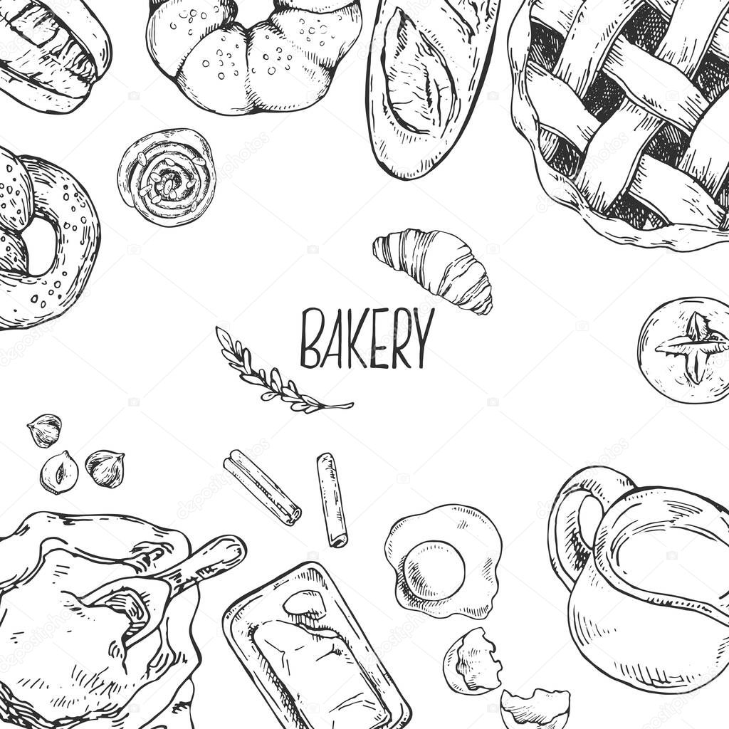 Hand drawn vector illustration of baking items and bakery. Pastry and bakery for fast food menu, cafe decor