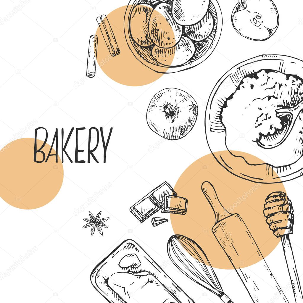 Hand drawn vector illustration of baking items and bakery. Pastry and bakery for fast food menu, cafe decor