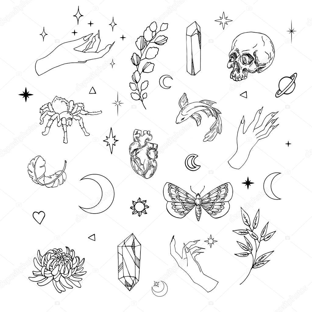 Hand drawn vector illustration of mystic items. Magical outline clipart for logo, print, card, textil design. Alchemy, magic, esoteric, occult, spiritual set.