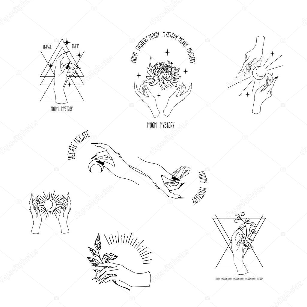 Hand drawn vector illustration of mystic logo. Magical outline clipart for print, card, textil design. Alchemy, magic, esoteric, occult, spiritual set.