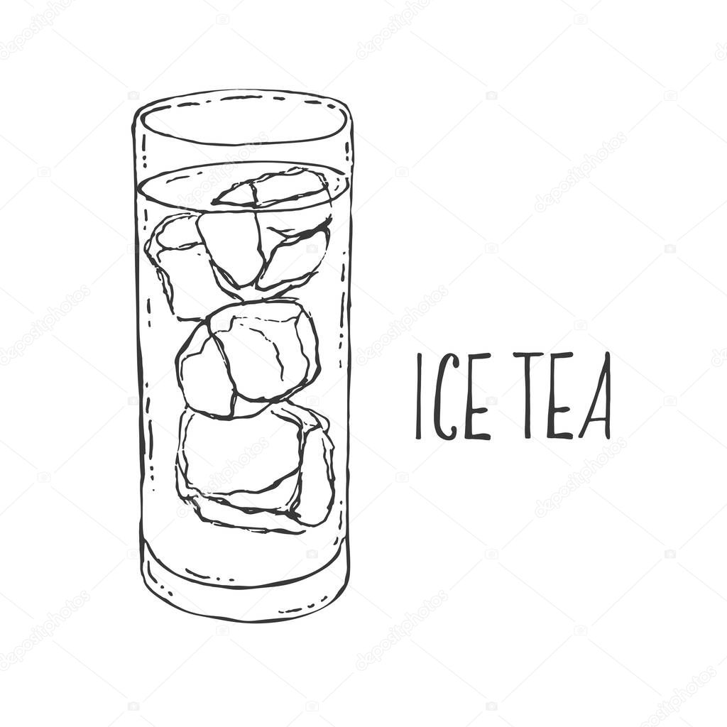 Hand drawn vector illustration of ice tea. Cold water, fresh summer cocktail. Isolated images for design, packaging, menu
