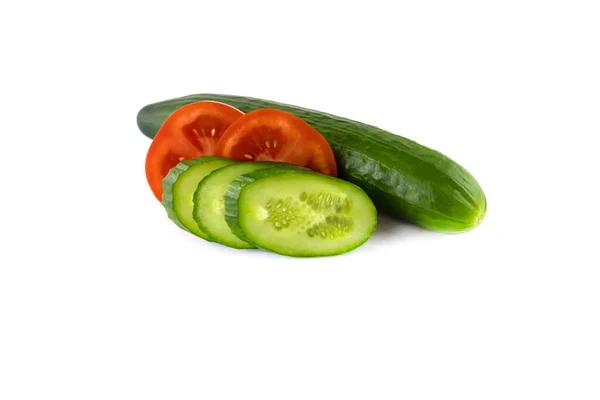 Fresh Green Cucumber Sliced Together Red Tomatoes Isolated White Close — Stock Photo, Image