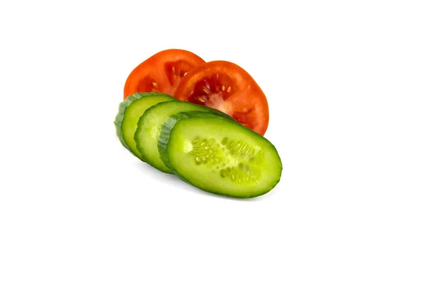 Sliced Red Tomatoes Green Cucumbers Isolated White Close — Stock Photo, Image