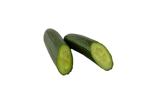 Twee Stukken Sappige Groene Komkommer Geïsoleerd Een Witte Achtergrond Close — Stockfoto